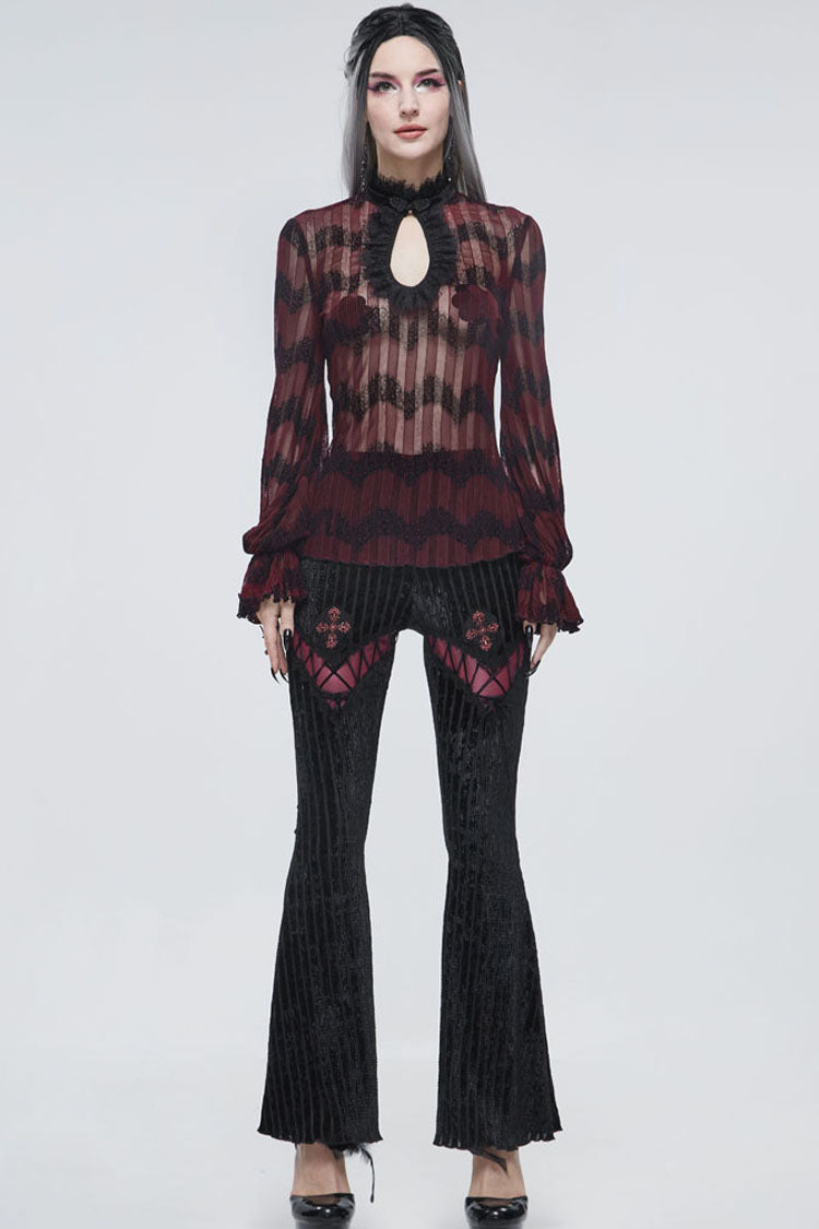 Black Gothic Striped Flocking V-Shaped Cross Lace Stitching Flared Women's Pants - Product - 5