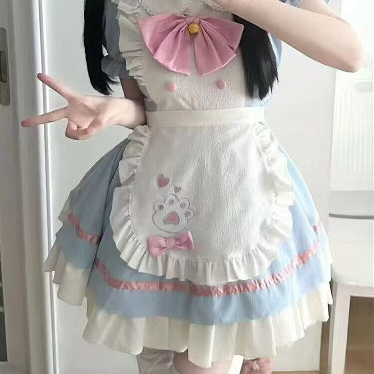 Blue cat cafe Lolita dress bow and paw apron details