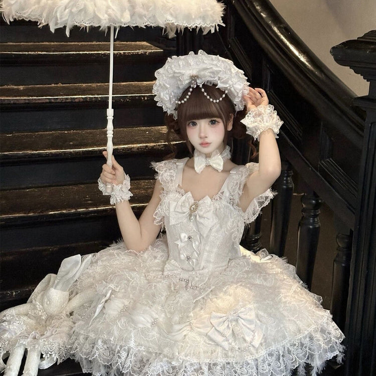 White Sweet Lolita JSK layered lace and bow styling view