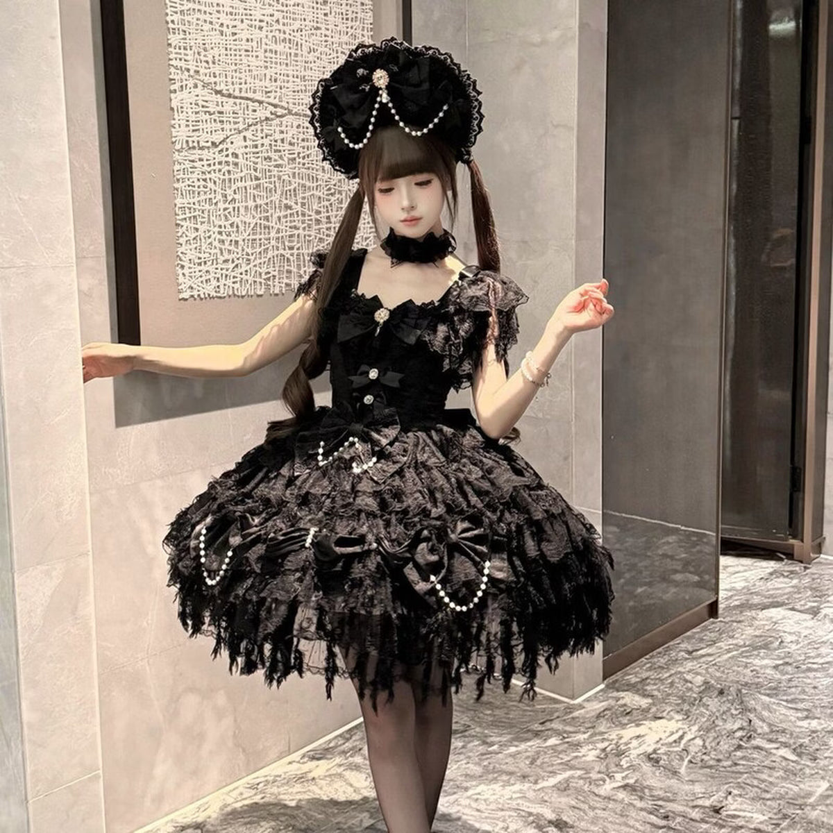 Black Cloud Feather Sweet Hanayome Lolita JSK dress front view