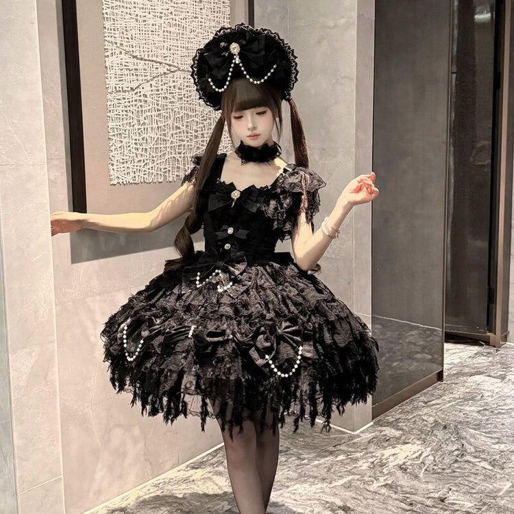 Black Cloud Feather Sweet Hanayome Lolita JSK dress front view
