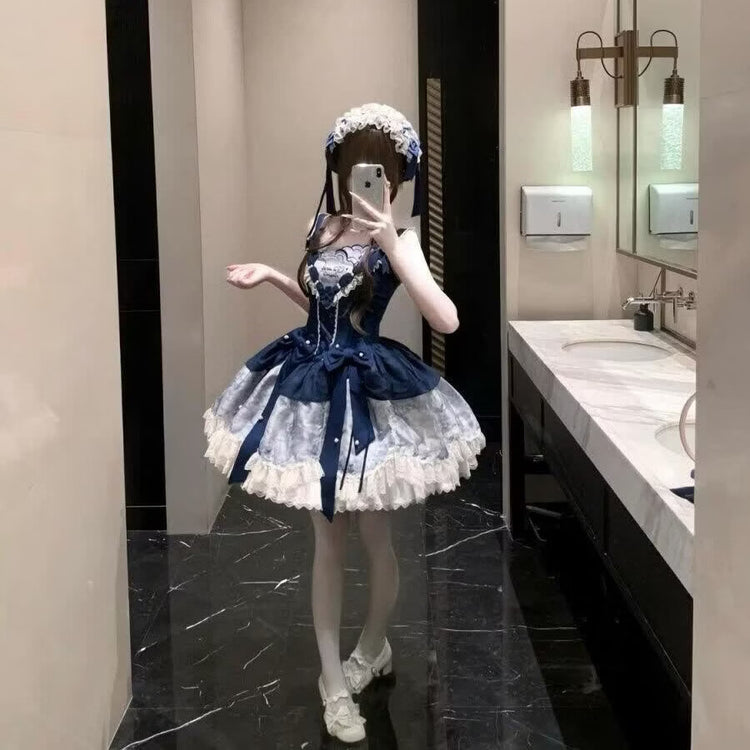 Navy blue and white Sweet Lolita JSK dress full front view
