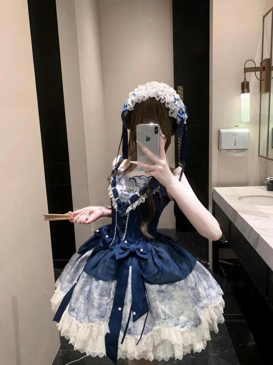 Navy blue Sweet Lolita dress layered skirt detail