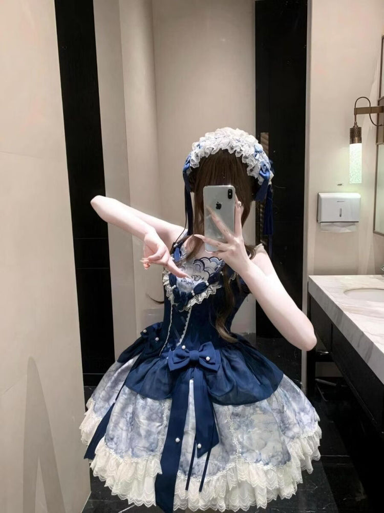 Blue and white Lolita dress bow and pearl-like accents