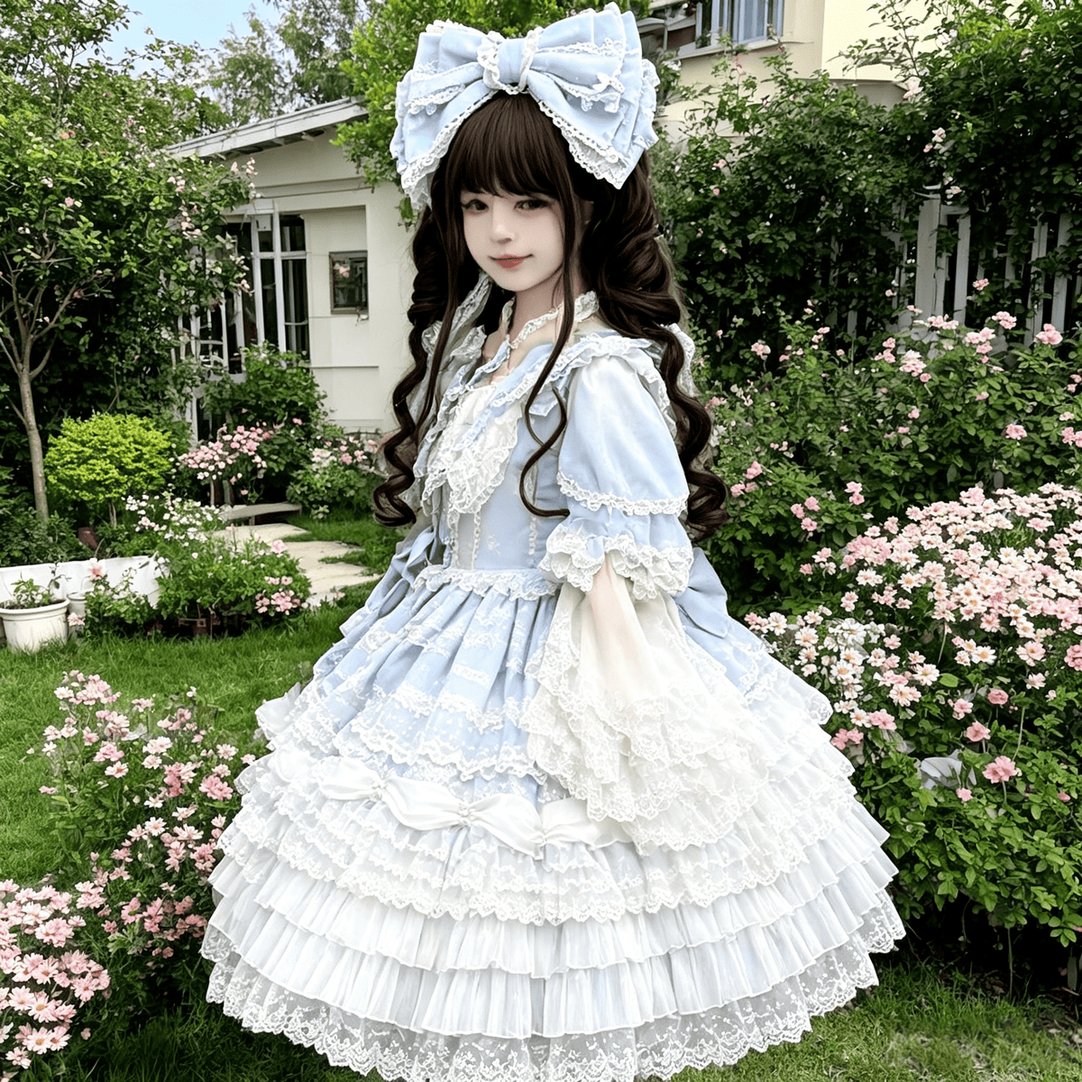 Blue and ivory Hanayome Lolita dress lace side profile