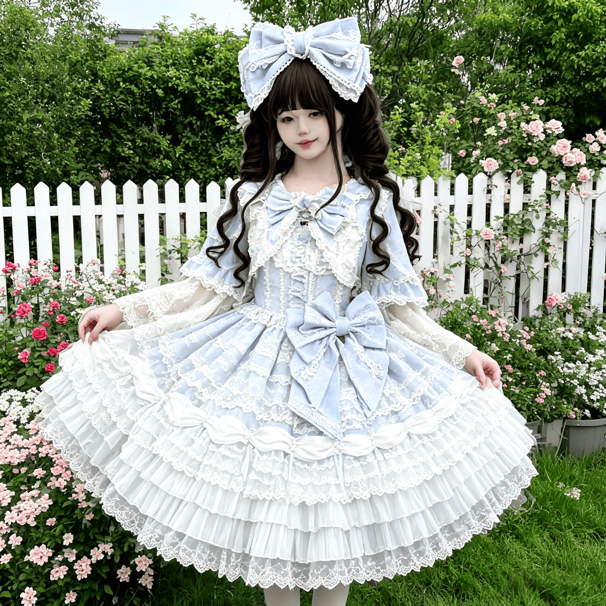 Blue and ivory Sweet Lolita JSK embroidered lace and bow details