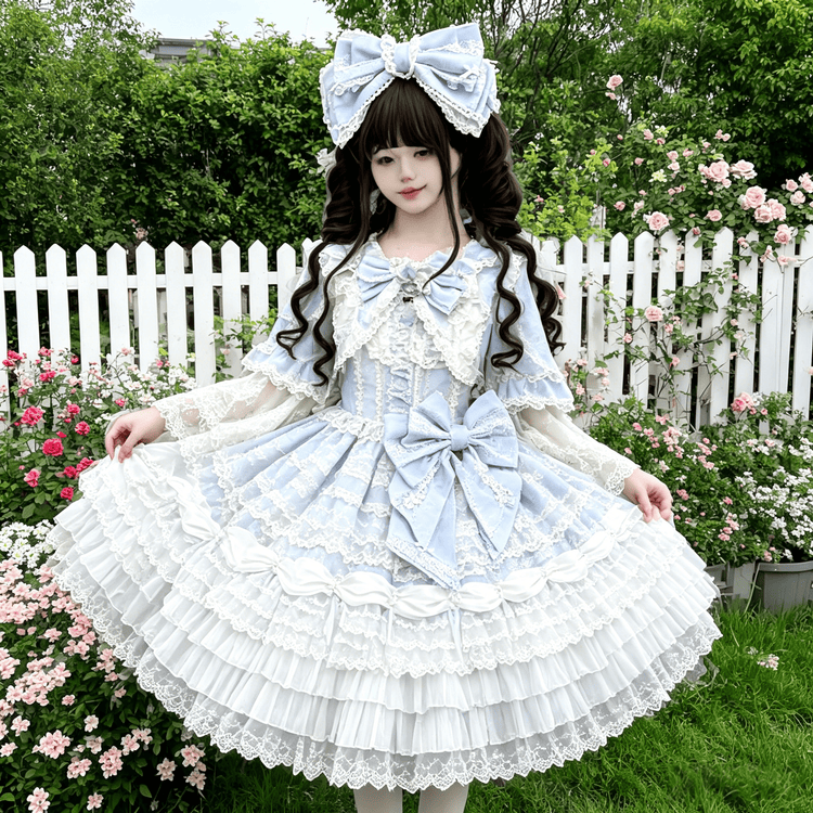 Blue and ivory Sweet Lolita JSK embroidered lace and bow details