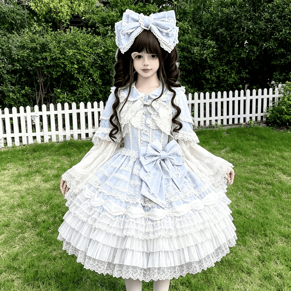 Blue embroidered Sweet Lolita JSK complete styled look