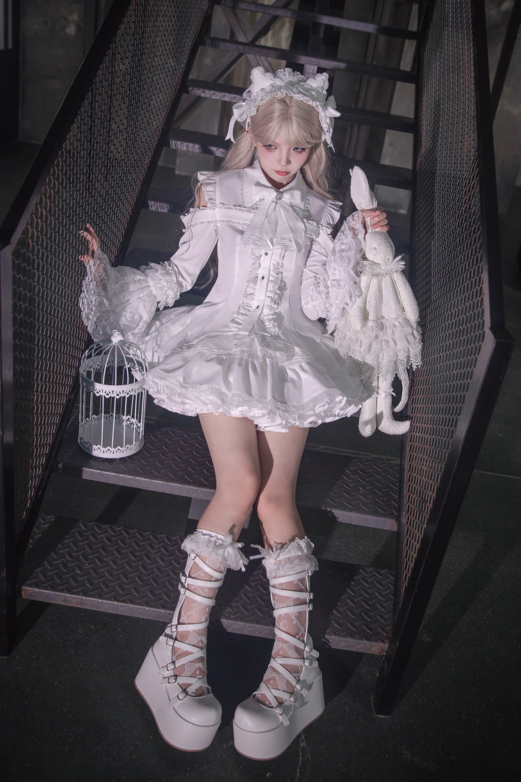 White [Snowy Night Princess] Lapel Collar Long Hime Sleeves Ruffled Bow Lace Gothic Jirai Kei Japanese Skirt Set - Product - 8
