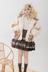 Ivory [Mocha Bear] Print Bowknot Hooded Sweet Lolita Coat - Product - 2