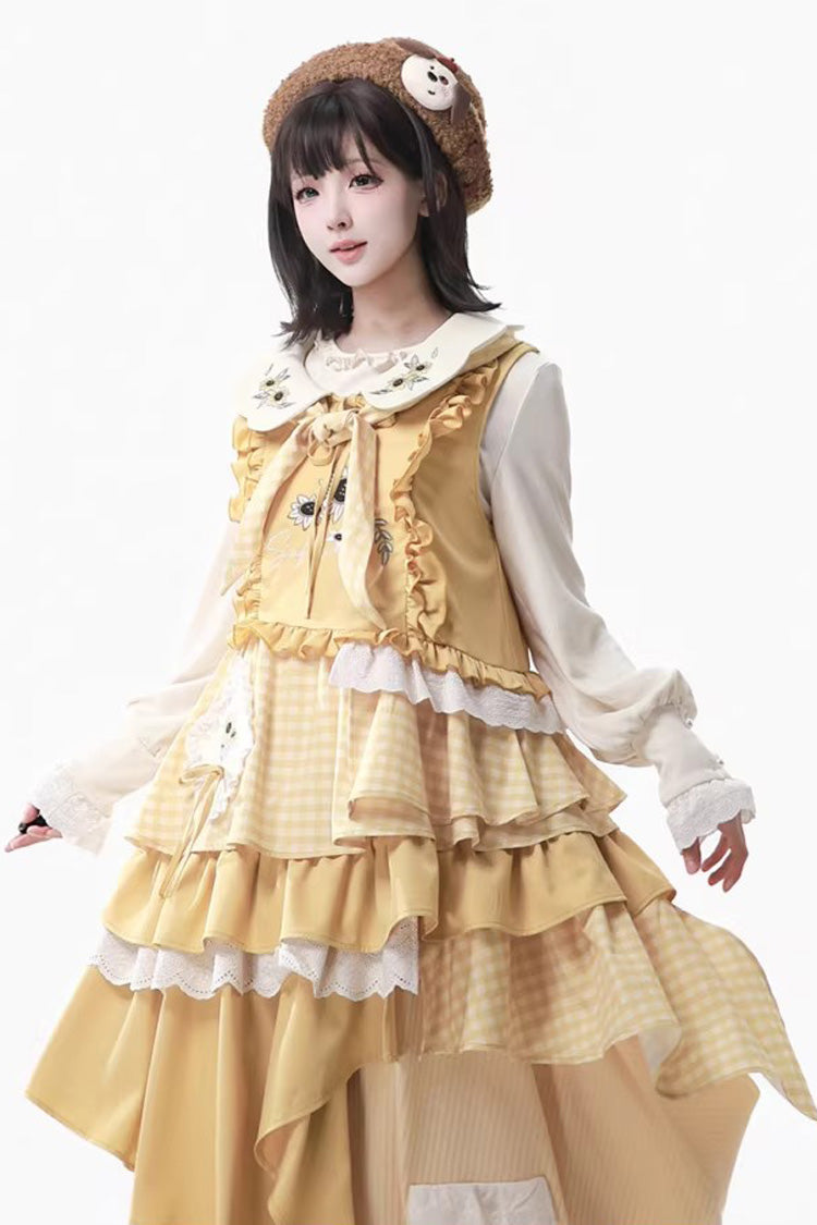 Yellow [Orange Diary] Multi-Layered Printed Embroidered Bow Lace Asymmetric Sweet Lolita Jumper Dress - Product - 3