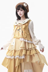 Yellow [Orange Diary] Multi-Layered Printed Embroidered Bow Lace Asymmetric Sweet Lolita Jumper Dress - Product - 3