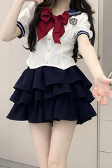 Short Sleeves Multi-layer Ruffle Bowknot Sweet College Style Japanese School Skirt Set 4 Colors - Product - 10