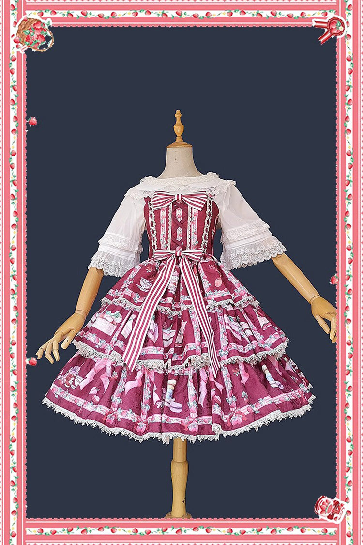 Strawberry Afternoon Tea Cake Ice Cream Print Bowknot Sleeveless Sweet Lolita Tiered Dress 3 Colors - Product - 2