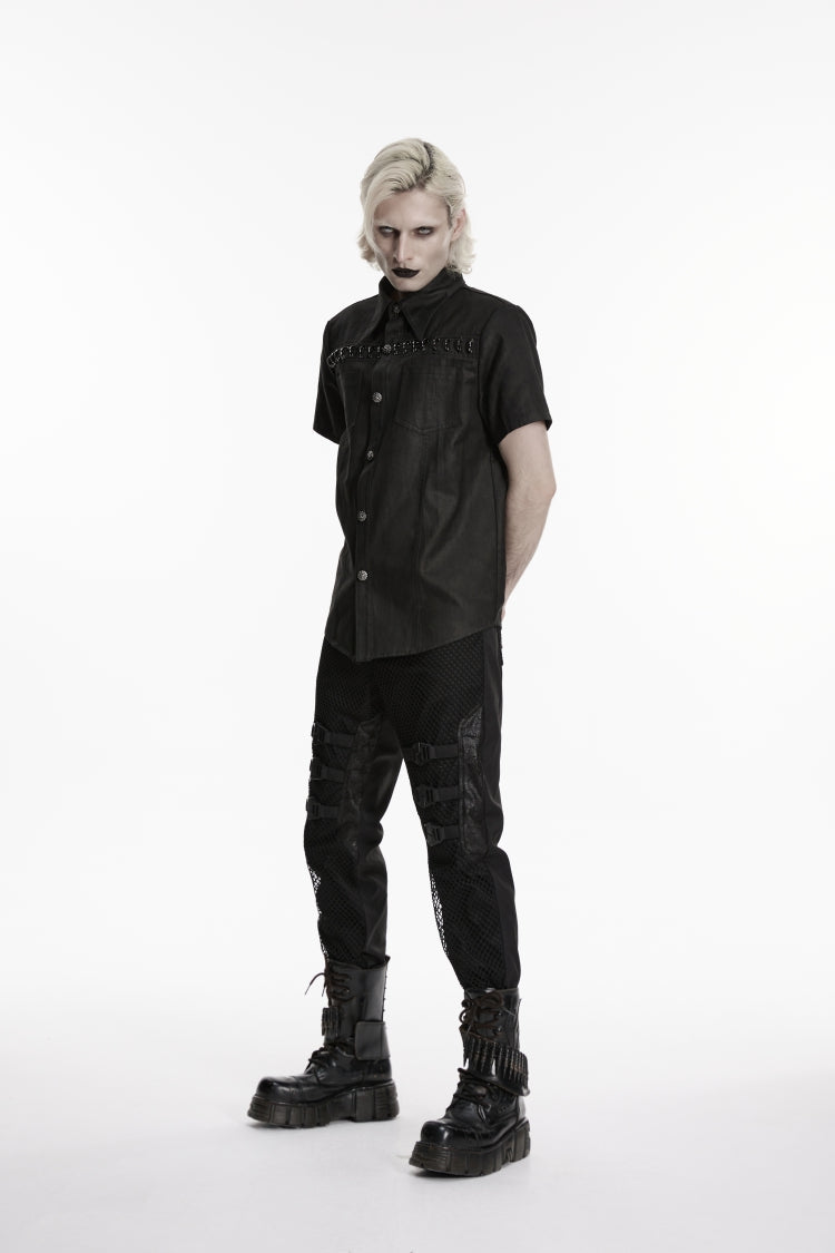 Black Rings  Lapel Collar Short Sleeves Men's Punk Shirt - Product - 6