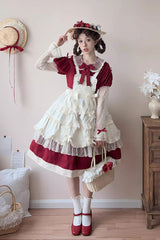 Red [Mist over Flowers Along the Path] Lapel Collar Long Sleeves Embroidery Bowknot Lace Sweet Lolita Dress - Red - 1