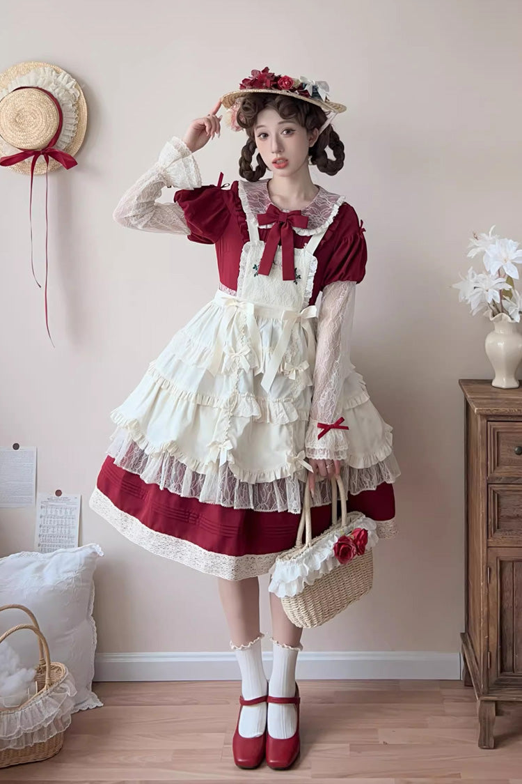 Red [Mist over Flowers Along the Path] Lapel Collar Long Sleeves Embroidery Bowknot Lace Sweet Lolita Dress - Red - 1