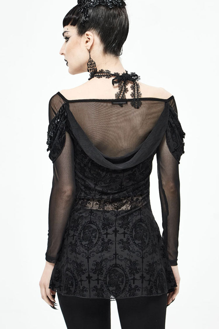 lack Gothic Off-Shoulder Front Chest Decals Bead Sleeve Beaded Tassel Webbing Flocking Print Women's Shirt - Product - 4