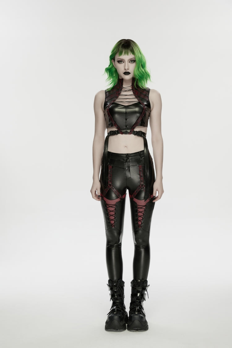 Black/Red Cut-Out Spliced Eyelet Mesh Women's Punk Leggings - Black/Red - 1