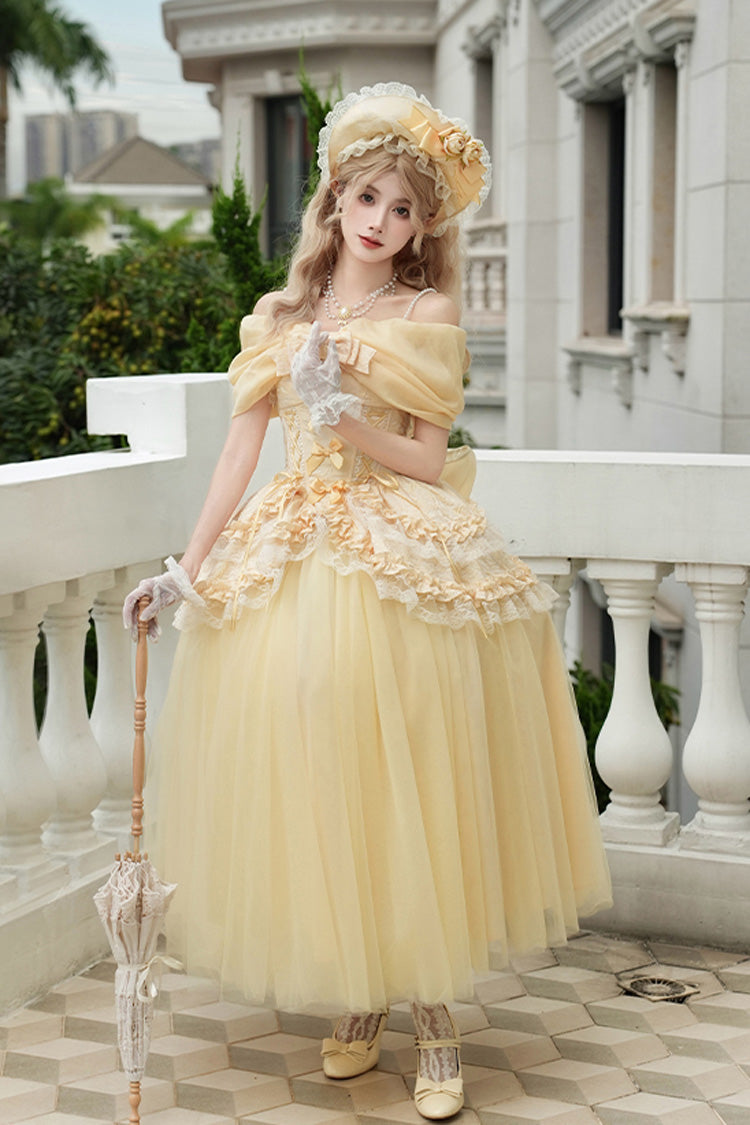 Yellow [Sissi's Pilgrimage] Off Shoulder Ruffle Bowknot Lace Sweet Lolita Skirt (Long Version) - Yellow - 1