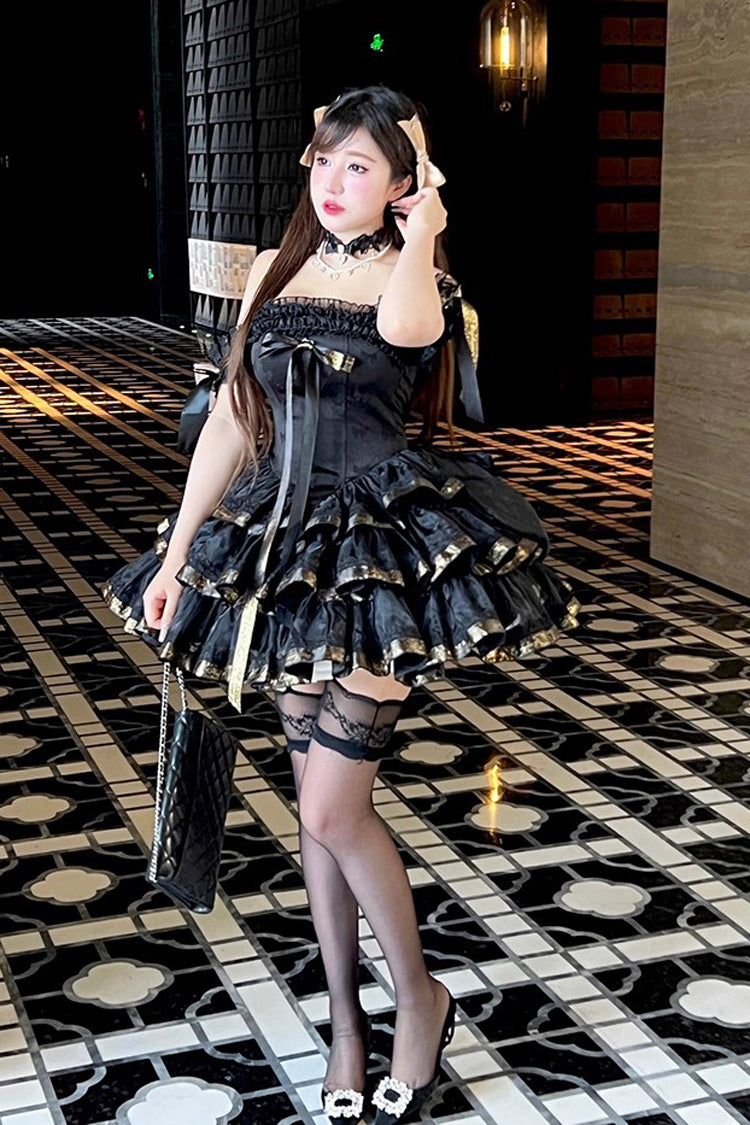 Black [Princess Ribbon] Off Shoulder Triple-Layered Ruffle Bowknot Sweet Lolita Dress - Product - 12