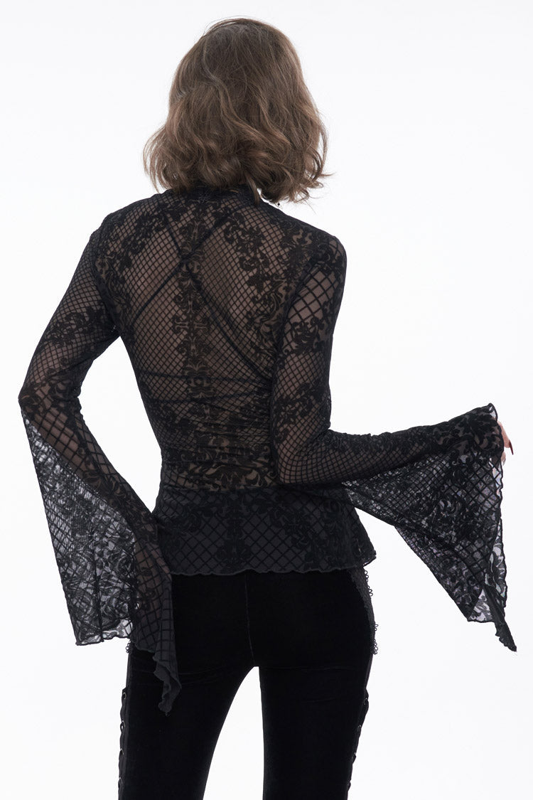 Black Velvet Mesh Splicing Metal Buttons Flared Sleeve Lace Women's Gothic T-Shirt - Product - 3