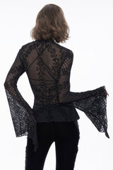 Black Velvet Mesh Splicing Metal Buttons Flared Sleeve Lace Women's Gothic T-Shirt - Product - 3