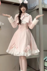 Pink Long Sleeves Ruffle Bowknot Sweet Princess Lolita Dress Coat Two-piece Set - Product - 4