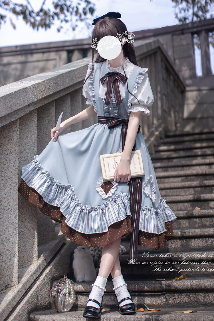 Blue [Magic Vocal Club] Sleeveless Print Ruffle Bowknot Sweet Alice College Style Elegant Lolita Jumper Dress - Product - 10