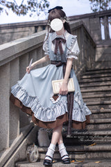 Blue [Magic Vocal Club] Sleeveless Print Ruffle Bowknot Sweet Alice College Style Elegant Lolita Jumper Dress - Product - 10
