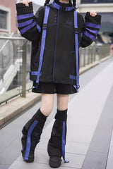 Blue/Black Long Sleeves Print Cat Ears Hooded Jirai Kei Handsome Coat - Product - 11