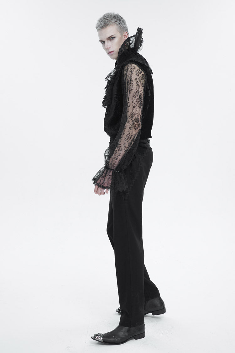 Black Lotus Leaf Stand Collar Semitransparent Lace Long Sleeved Men's Gothic Shirt - Product - 4