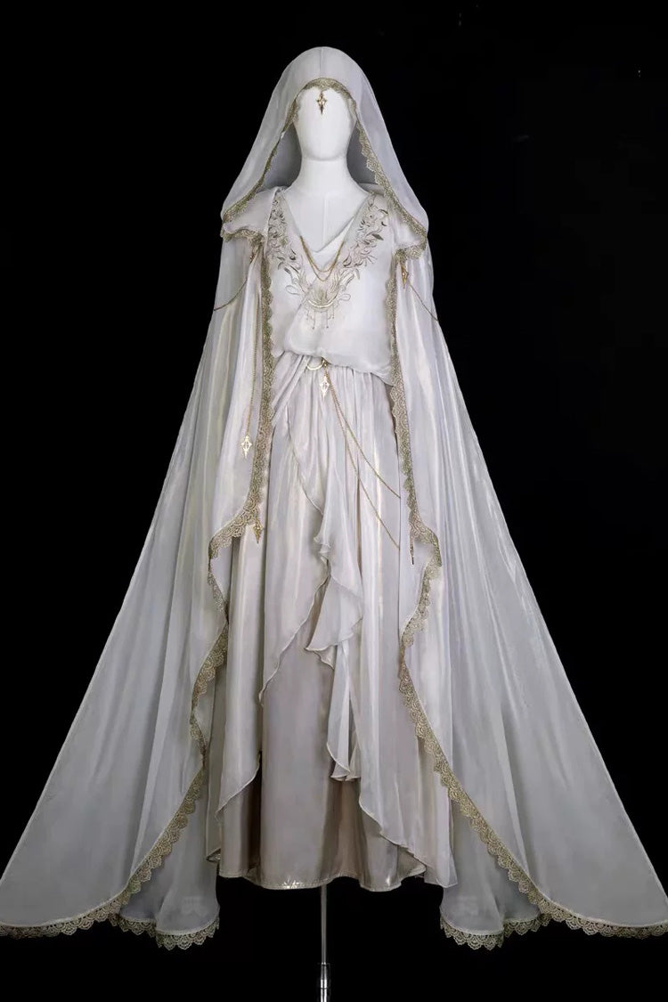 White [Angel of Judgment] Greek-Inspired V Collar Sleeveless Ruffled Embroidered Asymmetric Sweet Lolita Jsk Dress Set - Product - 3
