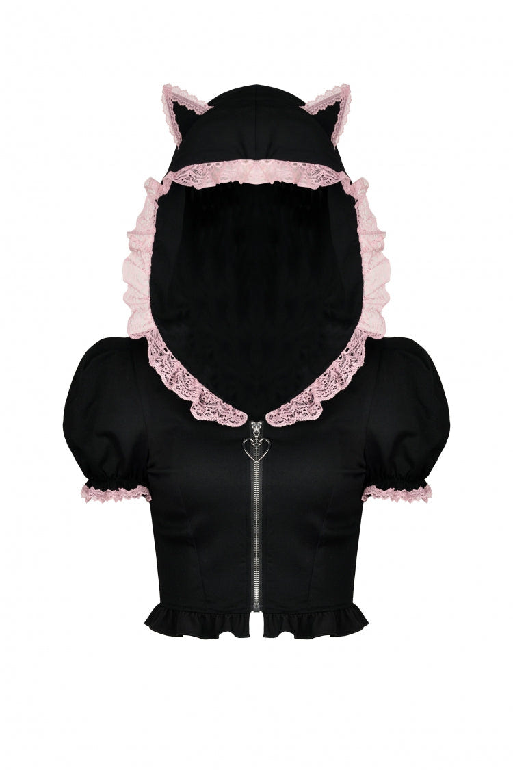 Black/Pink Short Puff Sleeves Lace Ruffled Lace-Up Zippered Women's Lolita Gothic Crop Top with Cat Hood - Product - 3