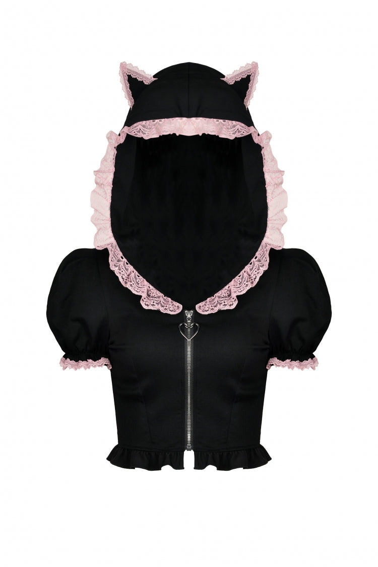 Black/Pink Short Puff Sleeves Lace Ruffled Lace-Up Zippered Women's Lolita Gothic Crop Top with Cat Hood - Product - 3