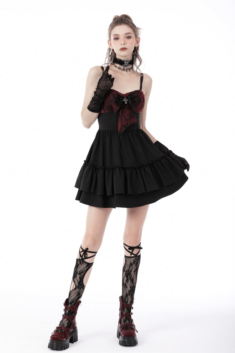 Black/Red Sleeveless Bowknot Lace-Up Double-Layered Frilly Women's Gothic Slip Graduation Dress - Product - 8
