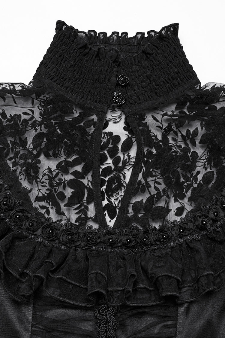 Black Stand Collar Hollow Embroidery Flocking Mesh Women's Gothic Formal Dress - Product - 5