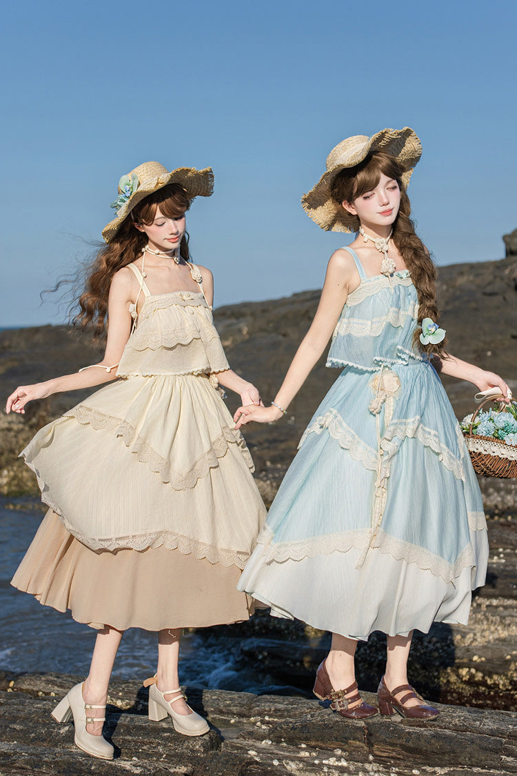 [Summer of Bluebells] Square Collar Sleeveless Jacquard Ruffled Asymmetric Sweet Lolita Skirt Set 2 Colors (Blue/Green, Ivory) - Product - 5