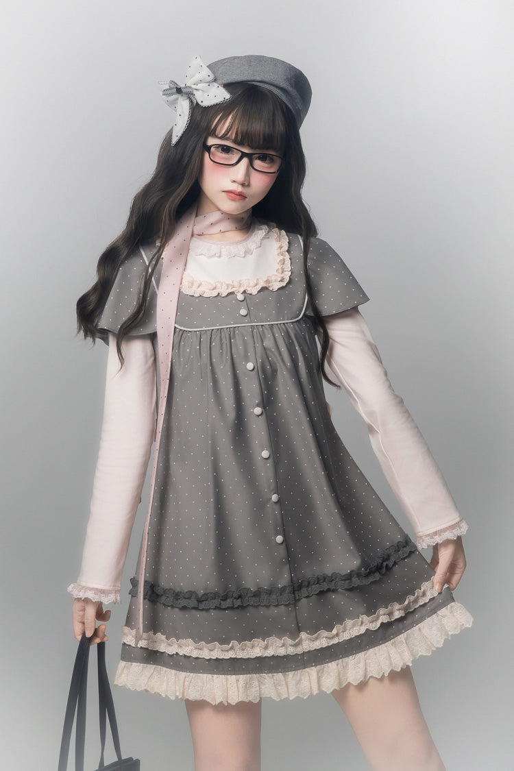Grey [Polka Dot Bouclé] Round Collar Long Sleeves Printed Ruffled Faux Two-Piece Sweet Japanese Lolita Dress - Grey - 1