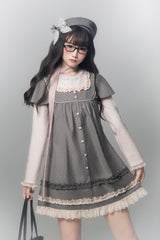 Grey [Polka Dot Bouclé] Round Collar Long Sleeves Printed Ruffled Faux Two-Piece Sweet Japanese Lolita Dress - Grey - 1