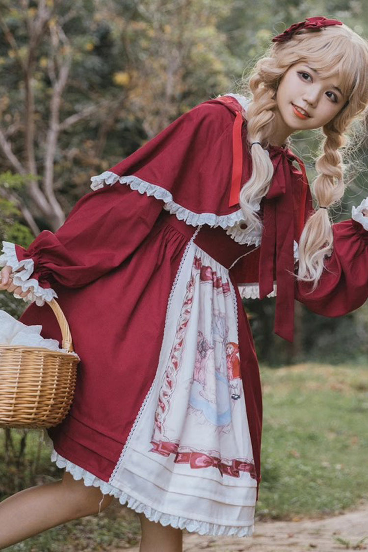 Red Little Red Riding Hood Sleeveless Print Ruffle Bowknot Sweet Princess (Dress Only) detail view 4