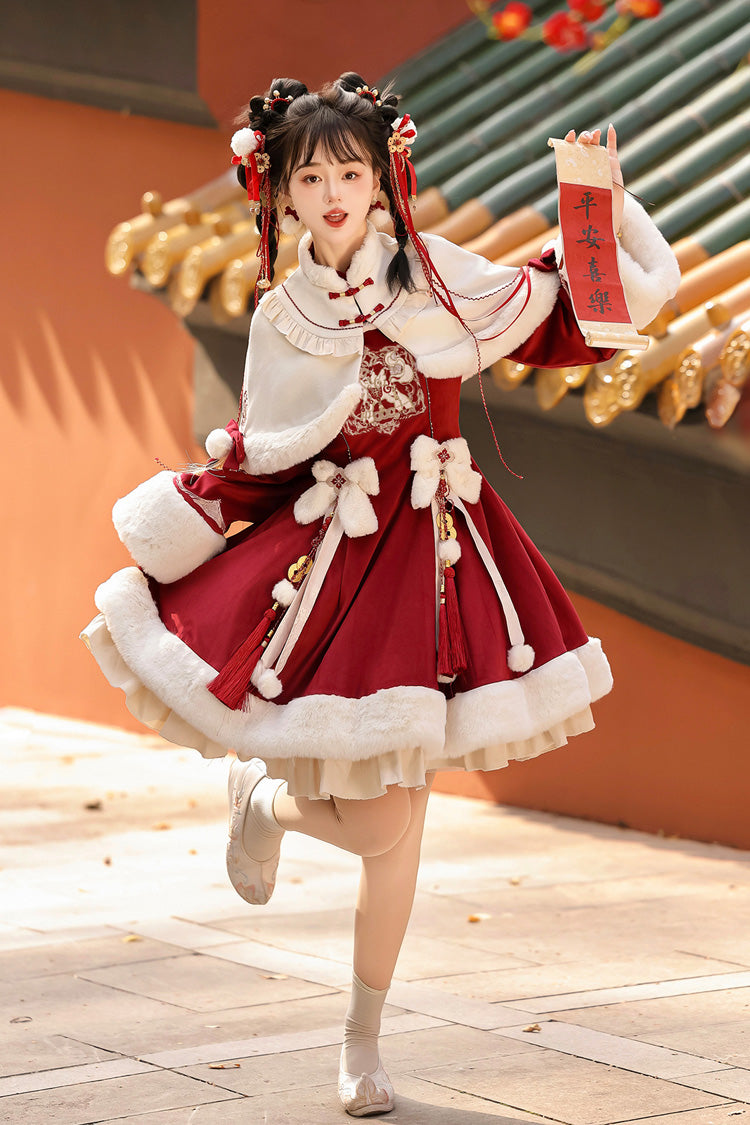 Red Long Sleeves Ruffle Embroidery Bowknot Chinese Style Sweet Lolita Hanfu Dress - Product - 3