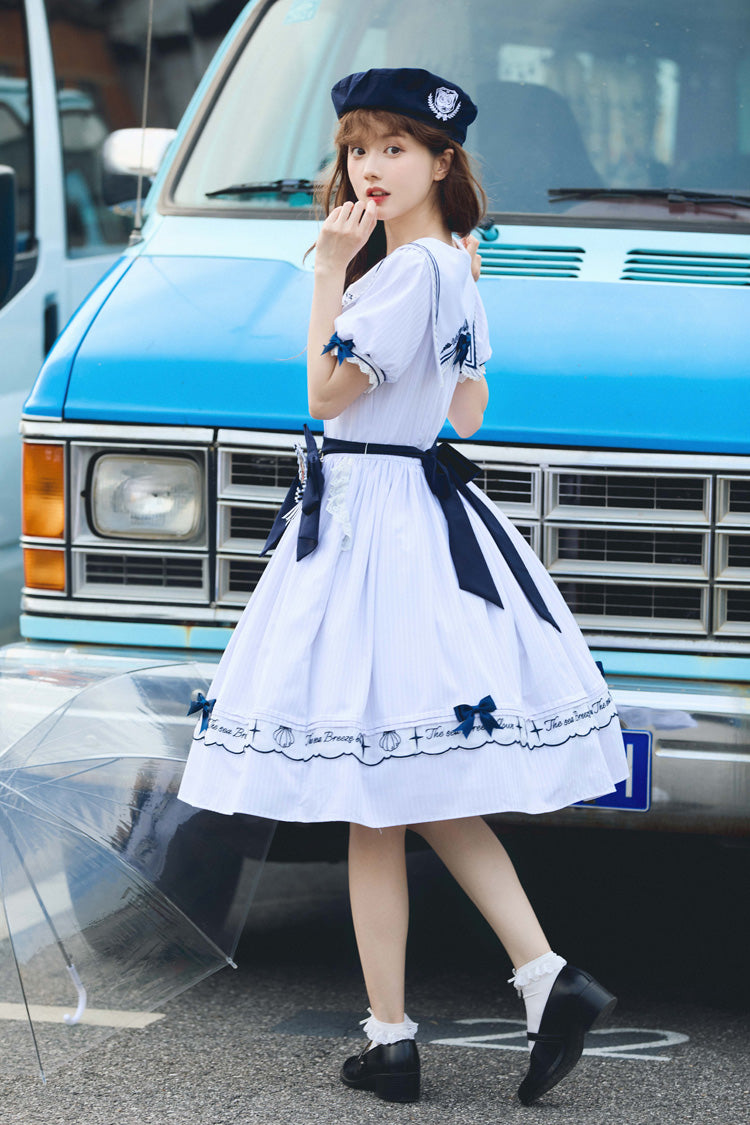 White Navy Stripe Print Short Sleeves Ruffle Embroidery Sweet (Dress Only) detail view 13