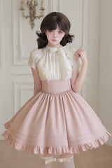 White/Pink Round Collar Short Sleeves Ruffled Bow Lace Color-Blocked Boned Sweet Lolita Dress 2 Versions - White/Pink(Short-Dress) - 16