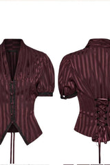 Red V Collar Short Puff Sleeves Lace Lace-Up Striped Women's Gothic Blouse - Product - 2