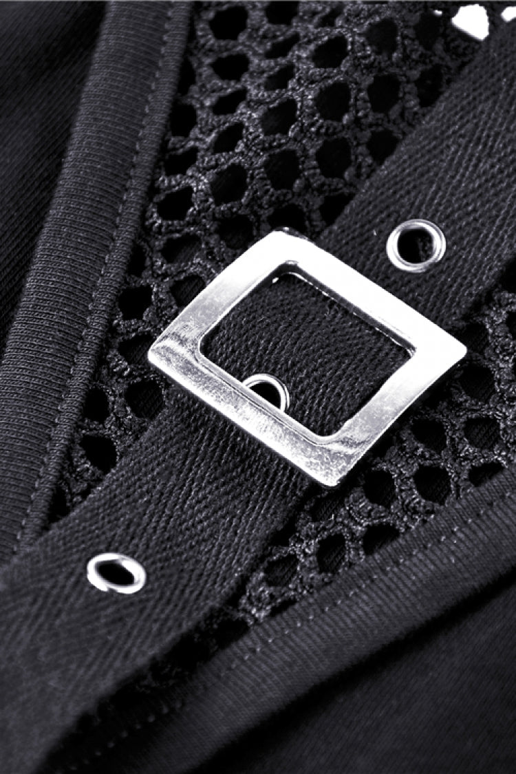Black Halterneck Spliced Mesh Strappy Buckle Eyelet Harness Women's Punk Midriff-Baring Tank Top - Product - 12