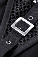 Black Halterneck Spliced Mesh Strappy Buckle Eyelet Harness Women's Punk Midriff-Baring Tank Top - Product - 12
