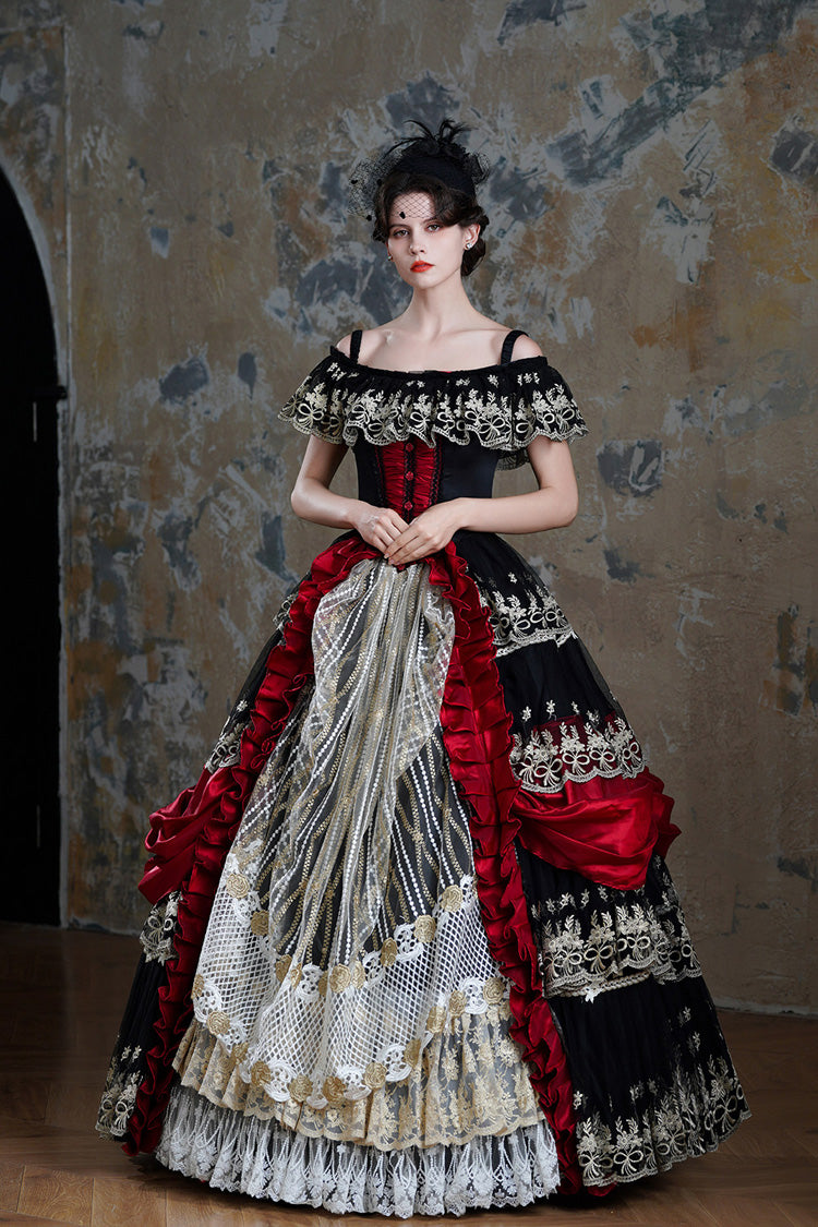 Black/Red Off Shoulder Short Sleeves Multi-Layered Ruffled Open-Front Mesh Gothic Vintage Palace Lolita Victorian Dress - Product - 6