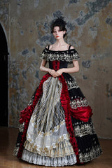 Black/Red Off Shoulder Short Sleeves Multi-Layered Ruffled Open-Front Mesh Gothic Vintage Palace Lolita Victorian Dress - Product - 6