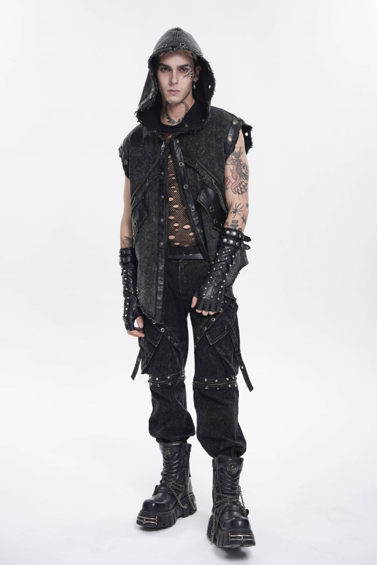 Black Spliced Hooded Buckled Eyelet Men's Punk Cool Vest - Product - 10